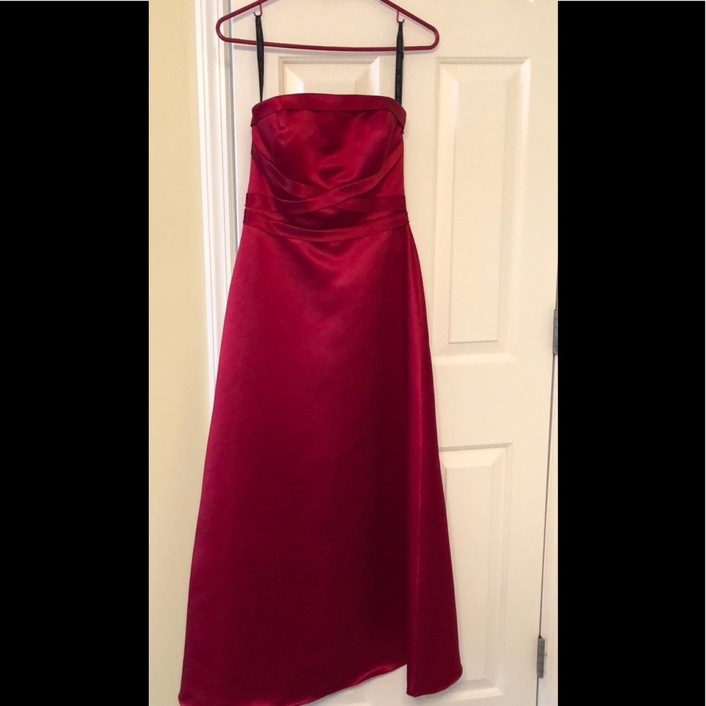 Long, strapless Bill Levkoff bridesmaid dress